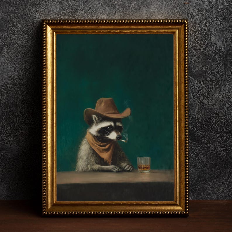 Home Bar Lounge - Vintage Funny Smoking Raccoon Cowboy Canvas